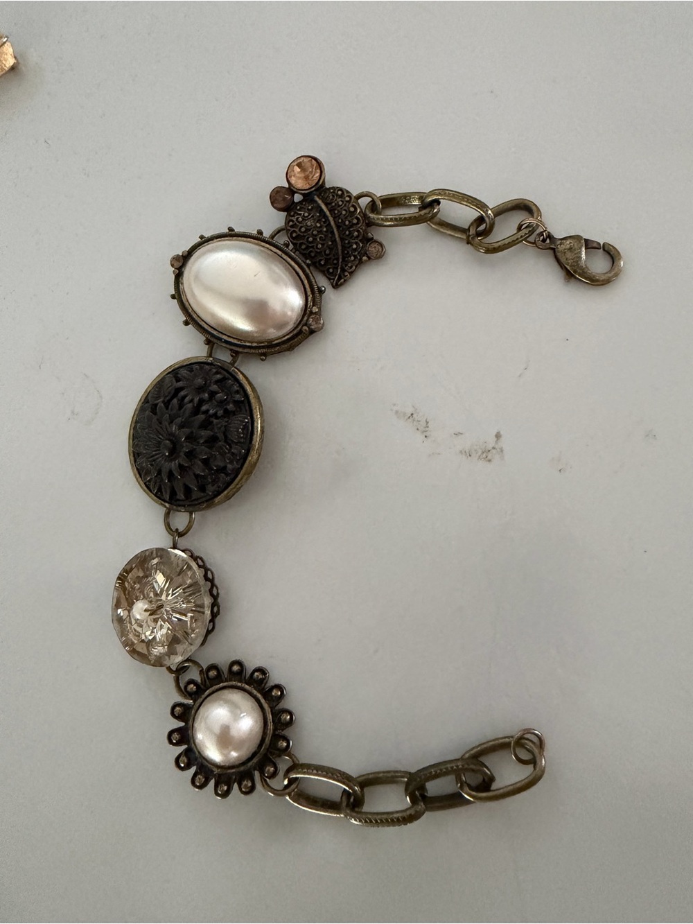 Antique-Inspired Pearl and Crystal Link Bracelet - Ivory 7”